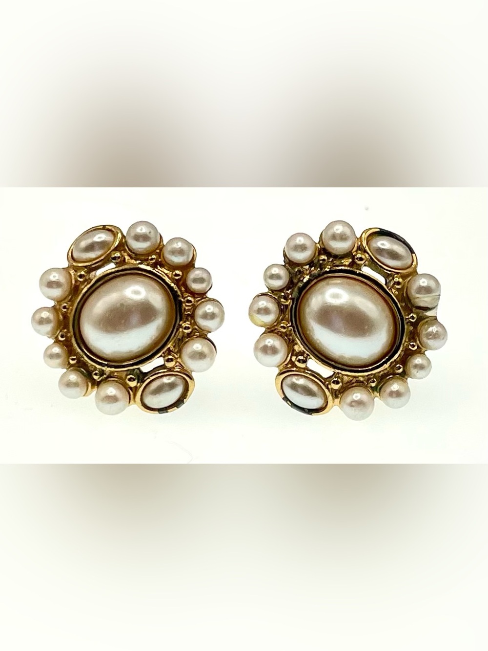 Vintage Monet Faux Pearl Clip On Earrings Gold Tone Statement Earrings